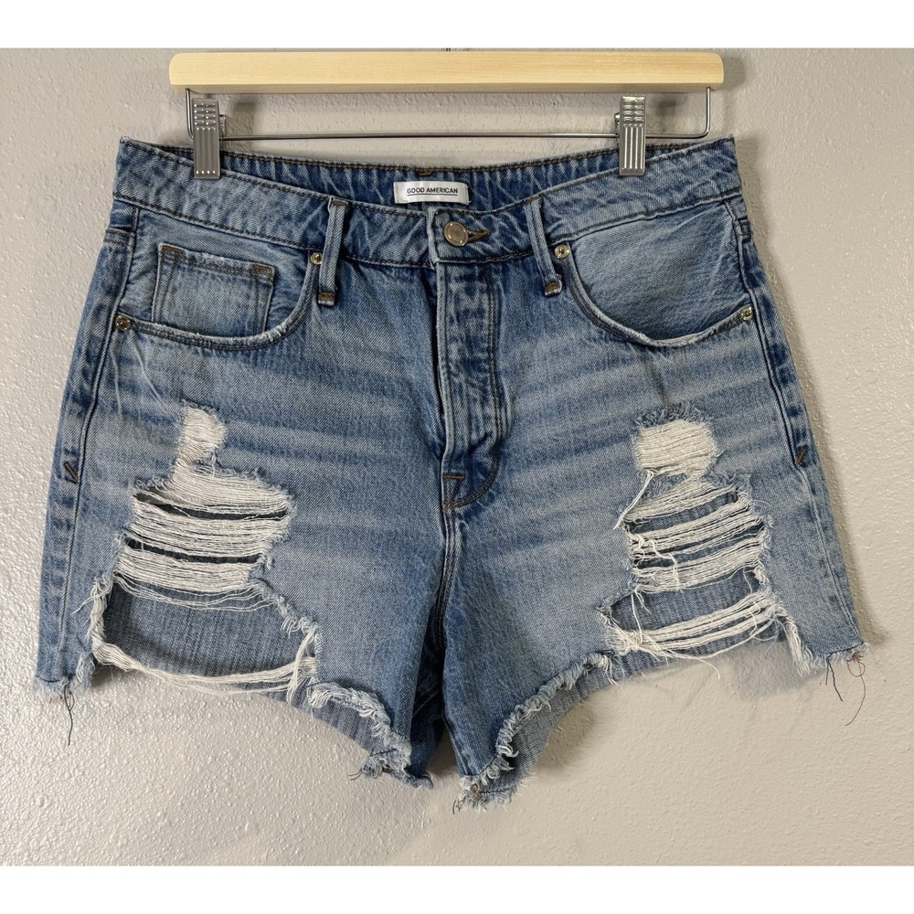 Good American Good '90s Distressed High Rise Rigid Cotton Denim Shorts 8/29